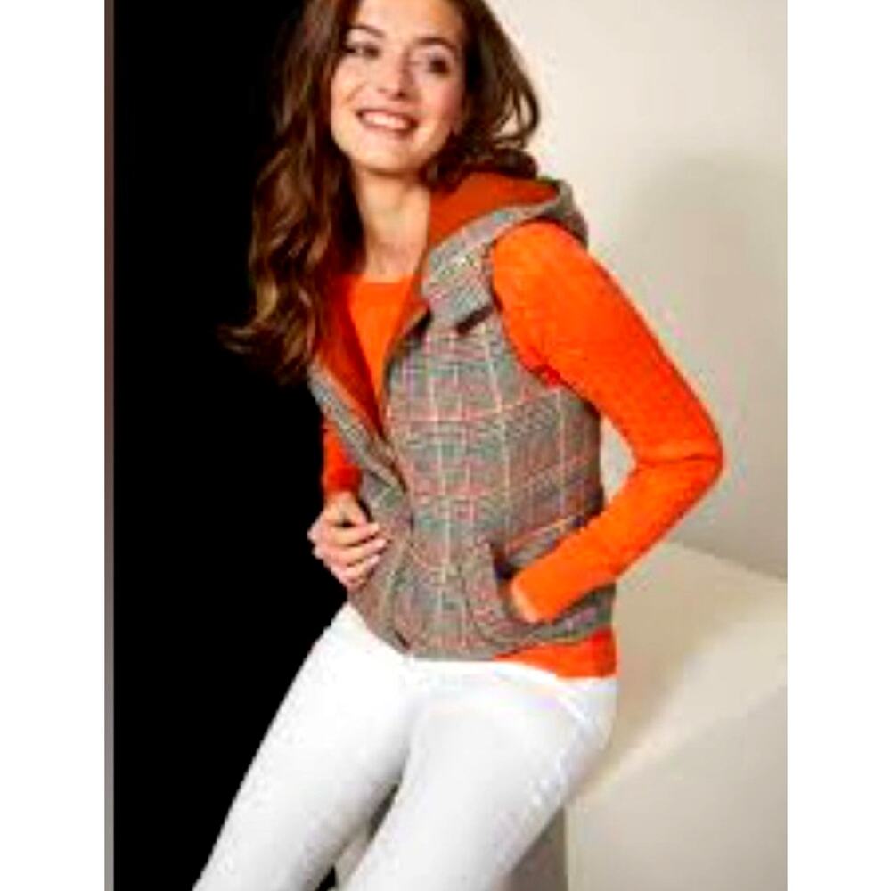 Etcetera Tan Plaid Hooded Puffer‎ Vest NWT